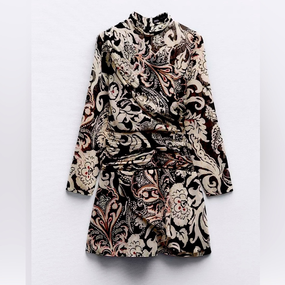 Zara Black and Cream Paisley Long Sleeve Dress